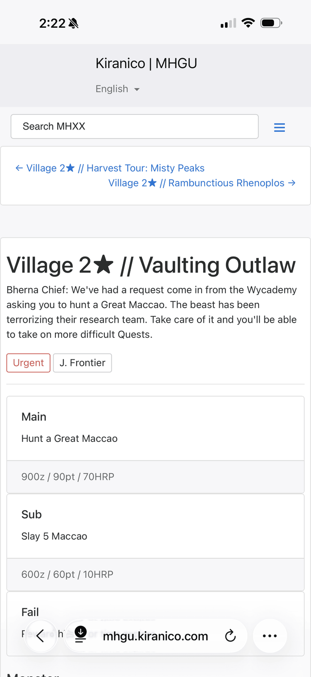 Kiranico quest detail on mobile