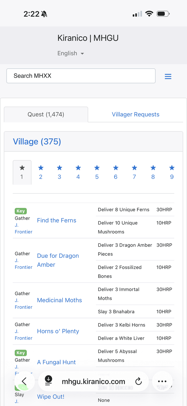 Kiranico quest list on mobile