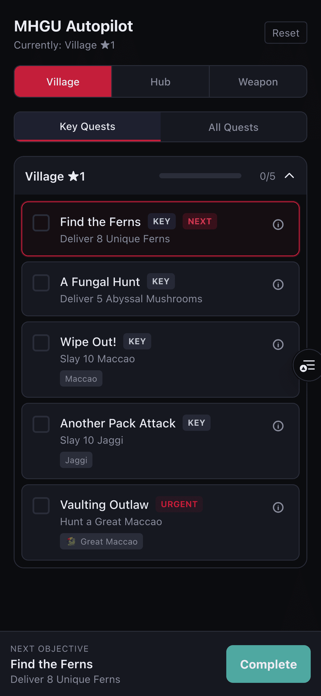 Autopilot Key Quests for Village