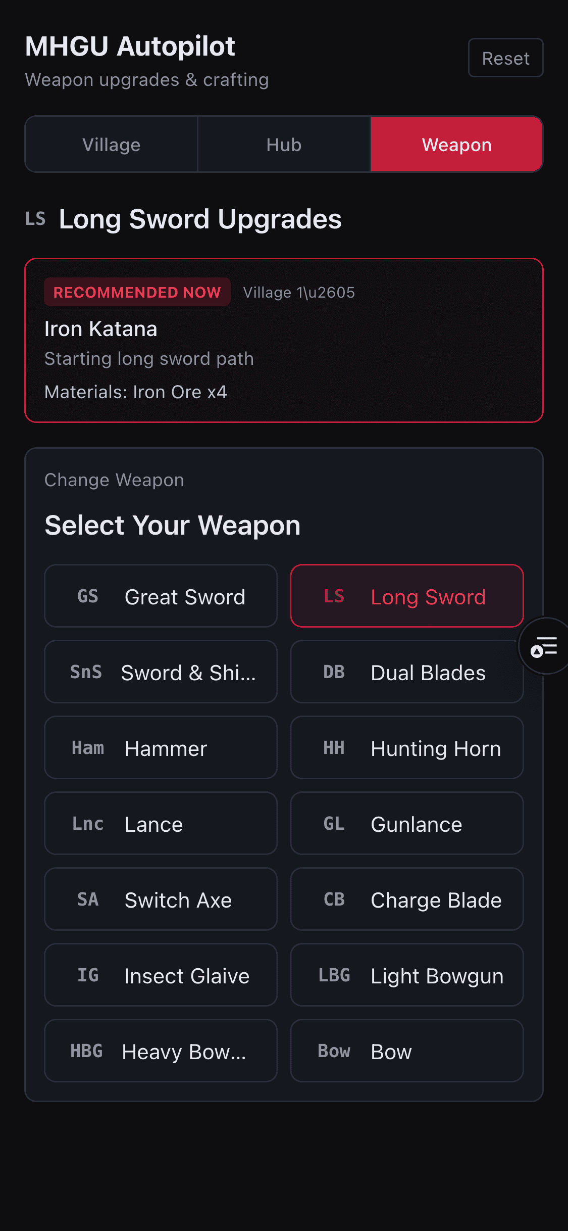 Quest Rank based weapon suggestions