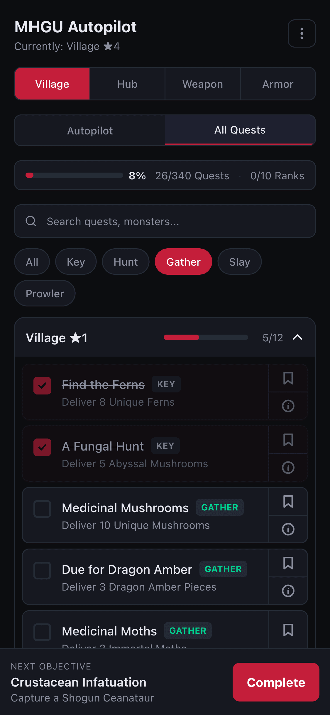 Filter quests by type